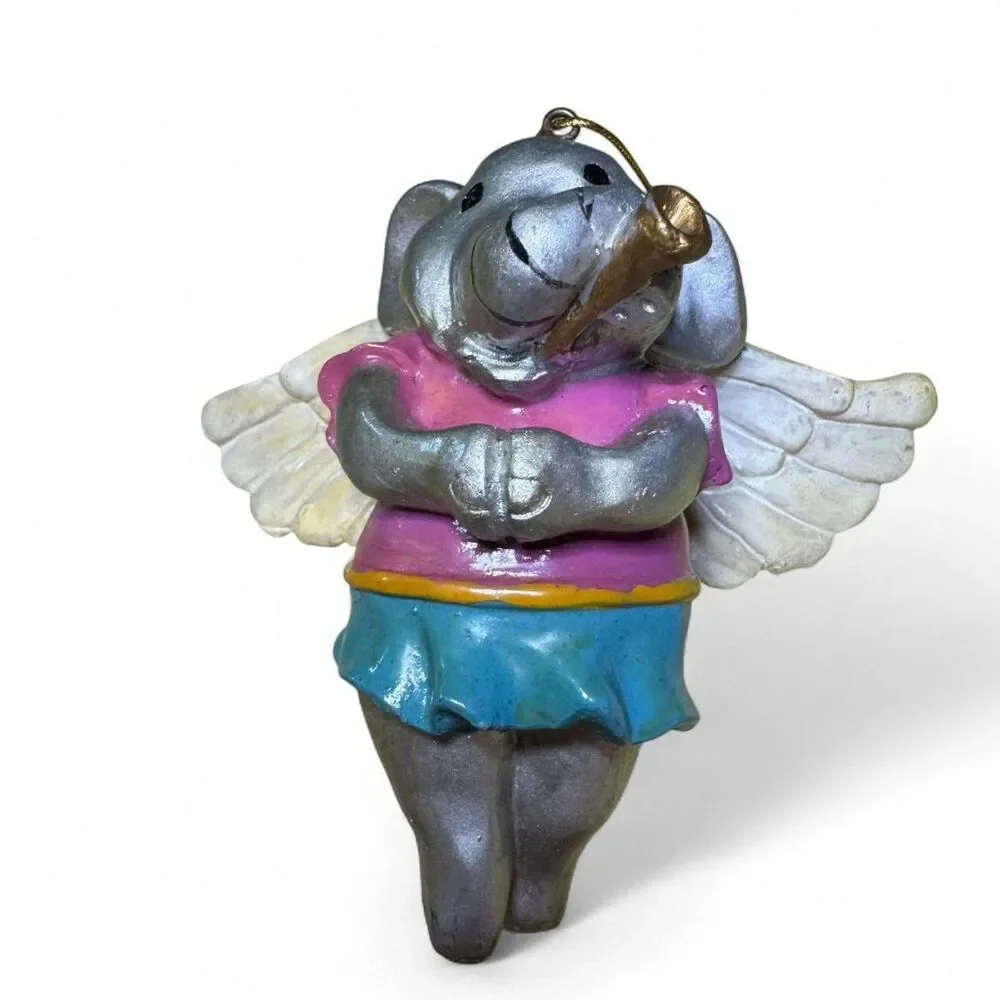 Vtg Elephant Ornament with Angel Wings Blue & Pink Outfit Fair Condition